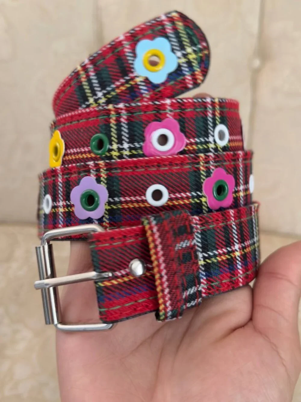 Red Tartan Plaid Wide Belt With Colorful Grommets